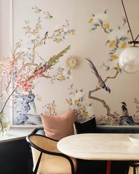 de Gournay | Depicting dramatic rocks dotted with large flowering peonies and daring birds perched on jagged branches, our elegant ‘Japanese Garden’… | Instagram Japanese Dining Room, De Gournay Wallpaper, Dyed Paper, Japanese Garden Design, Hand Painted Wallpaper, Bird Perch, The Wallpaper, Asian Style, Japanese Garden