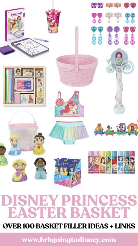 Affordable Disney Princess Themed Easter Basket Ideas Disney Themed Gift Basket, Disney Easter Basket Ideas, Princess Baskets, Disney Themed Basket, Disney World Gift Basket, Princess Easter Basket Ideas, Princess Gift Ideas, Disney Themed Easter Basket, Disney Easter Basket