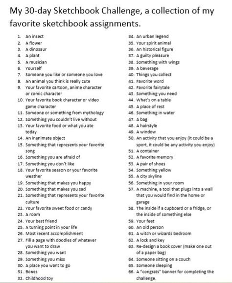 Month Long Art Challenge, Sketch Prompts Sketchbook Assignments, Daily Sketching Ideas 30 Day, Improve Your Art Challenge, 30 Day Sketchbook Challenge, List Of Art Ideas, Pencil Cat 30 Day Art Challenge, Sketch Everyday Challenge, 30 Day Anatomy Drawing Challenge