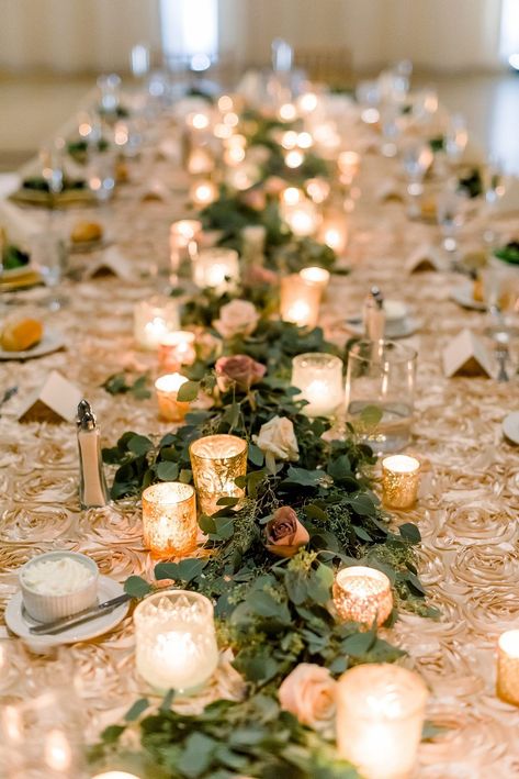 Table Decor For Long Tables Wedding, Tealight Candle Wedding Decor, Long Tables For Wedding Reception, Votive Candle Wedding Decor, Long Tables Wedding Reception Candles, Wedding Garland Centerpiece, Elegant Reception Decorations, Wedding Table Garland With Candles, Decorating Long Tables For Wedding