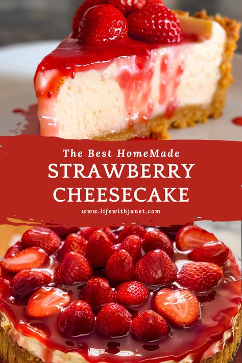 Indulge in the creamy richness of this luscious Strawberry Cheesecake! With a buttery graham cracker crust and a velvety smooth filling topped with fresh strawberries, it's a dessert dream come true. #Cheesecake #StrawberryDesserts #DessertRecipes #SweetTreats #Homemade #DessertLovers Strawberry Nobake Cheesecake Recipe, Strawberry Desserts Cheesecake, Strawberry Cheesecake Recipe Easy No Bake, Juniors Strawberry Cheesecake Recipe, Red Velvet Strawberry Cheesecake, Cheese Cakes Recipes Classic, Cheesecake With Pudding, Strawberry Cheesecake Recipe No Bake, Cheesecake Recipes Strawberry