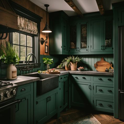 Kitchen Inspo Cottagecore, Modern And Cottage Core House, Avant Garde Kitchen Design, Cottagecore Kitchen Modern, Witch Home Aesthetic Kitchen, House Aesthetic Cottage Core, Dark Cottage Kitchen Aesthetic, Gothic Kitchen Green, Dark Cottage Core House Interior