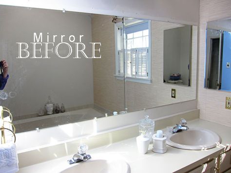 How to do a DIY frame around a plain bathroom mirror. Includes instructions on how to create a frame without needing to miter trim. Mirror In Bathroom, Bathroom Mirror Makeover, Bathroom Mirrors Diy, Large Bathroom Mirrors, Bathroom Mirror Frame, Mirror Makeover, Mirror Trim, Bathroom Redo, Large Bathrooms