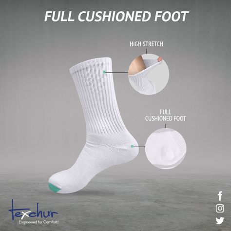 Our cushioned terry fabric provides ample padding without being overly bulky and provides the ultimate support in work boots, sports shoes, or any other shoes.  #Texchur #FullCushionedFoot #Crew Socks Creative Ads, Tennis Photography, Socks Design, Business Flyer Templates, Illustration Fashion, Old Ads, Terry Fabric, Milkshakes, Creative Ads