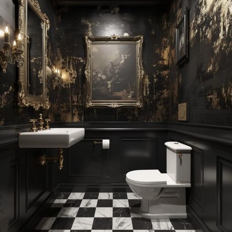 34 Stunning Victorian Bathroom Design Ideas Victorian Goth Interior Design, Victorian Goth Bathroom, Dark Theme Bathroom, Black Cloakroom, Victorian Powder Room, Victorian Gothic Bathroom, Goth Bathroom Ideas, Dark Bathroom Aesthetic, Powder Bathrooms