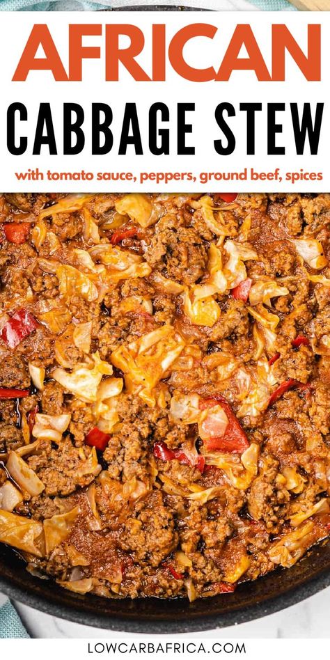 A delicious African Cabbage stew with tomato sauce, peppers, ground beef and spices. This easy 30 minute dinner is incredibly flavorful adn will be a favorite of your whole family! African Cabbage, Stew With Ground Beef, Peppers Ground Beef, Cabbage Stew, African Recipes Nigerian Food, Chicken And Cabbage, Nigerian Recipes, African Cooking, Nigerian Food