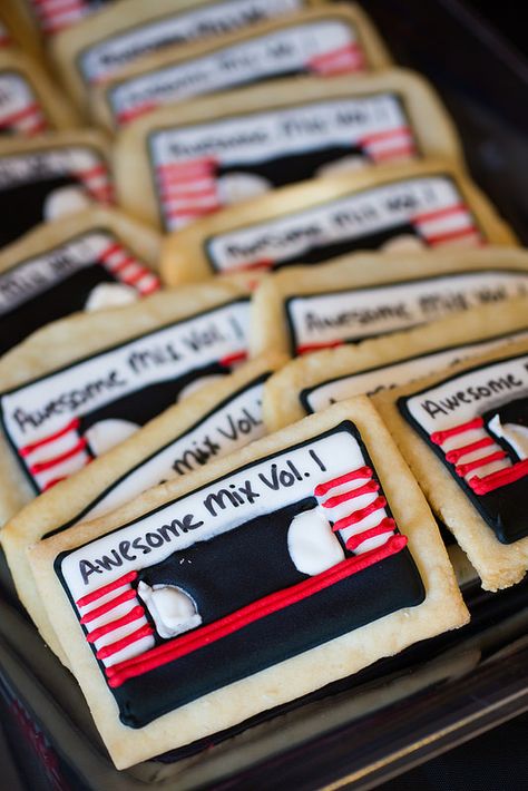 Awesome Mix Vol. 1 Mix Tape Cookies from Guardians of the Galaxy Galaxy Party Ideas, Star Lord Mask, Guardians Of The Galaxy Party, Awesome Mix Vol 1, 80s Birthday Parties, Marvel Birthday Party, Galaxy Party, Marvel Party, Galaxy Cake