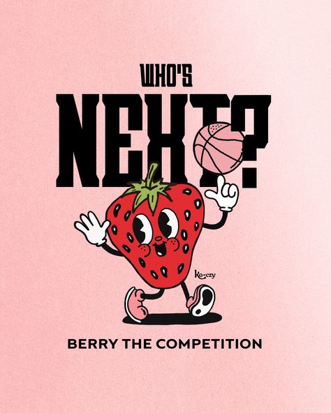 Berry the Competition in our Slammin’ Strawberry shirt coming soon! You’ll be the one asking “WHO’S NEXT?”! 🍓 custom illustrations, custom brand design, graphic design, character inspo, branding, illustration inspo, shopping, shop now, imagination, magical, clothing, shirt, custom tee Strawberry Character Design, Strawberry Graphic Design, Strawberry Character, Berries Illustration, Coming Soon Design, Strawberry House, Magical Clothing, Strawberry Illustration, Graphic Design Character