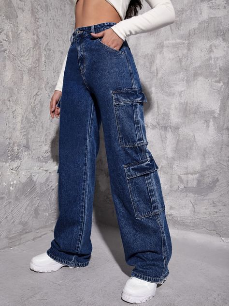 Dark Wash  Collar  Denim Plain Straight Leg Embellished Non-Stretch  Women Denim Womens Fashion Jeans, Moda Jeans, Jeans Cargo, Denim Patterns, Work Wear Women, Cargo Jeans, Pantalon Cargo, Straight Leg Trousers, Type Of Pants