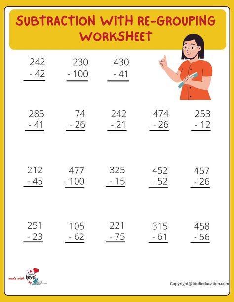 Subtraction With Re-Grouping Worksheet | FREE Download Borrowing Subtraction, Subtraction Borrowing, Subtraction With Borrowing, 3 Digit Subtraction, 2 Digit Subtraction, Clock Worksheets, Regrouping Subtraction, Addition Practice, Worksheets For Grade 3