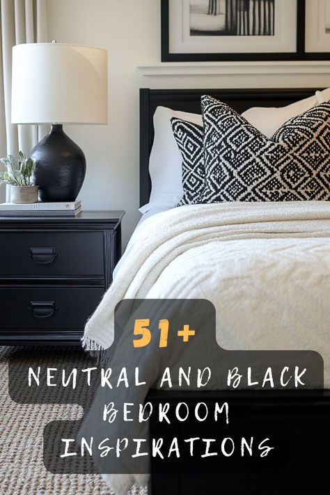 Achieve modern elegance in your bedroom with 51 neutral and black designs. Featuring sleek lines, refined finishes, and minimalist decor, these ideas create a sophisticated atmosphere. Discover how to blend bold black with calming neutrals for a contemporary bedroom style. Click to see these elegant transformations! 🛏️🖤 #ElegantBedroom #NeutralAndBlack #SleekDesigns #RefinedFinishes #MinimalistDecor #SophisticatedAtmosphere Guest Room Black Furniture, Black Furniture In Bedroom, Cozy Bedroom With Black Furniture, Boho Bedroom With Black Furniture, Neutral Black Bedroom, Black Furniture Bedroom Ideas, Gold Black Bedroom, Black And Tan Bedroom, Neutral And Black Bedroom