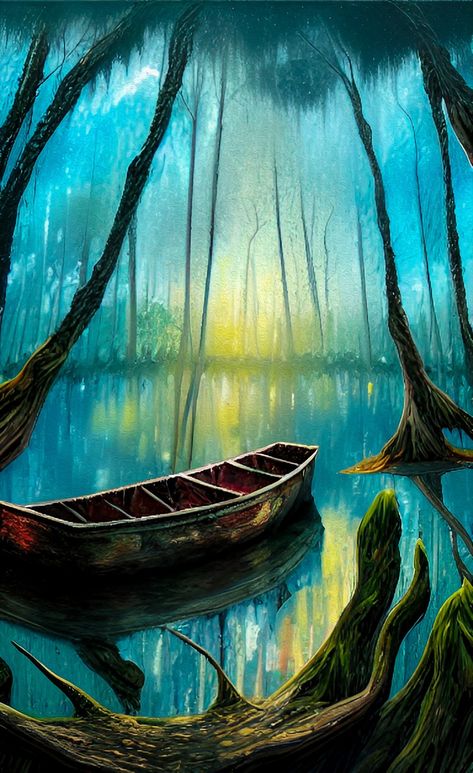 Swamp Scene Painting, Swamp Painting Easy, Louisiana Scenery, Bayou Wallpaper, Bayou Aesthetic, Swamp Photography, Bayou Painting, Swamp Painting, Swamp Boat