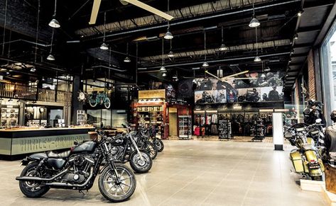 Motorcycle Showroom Interior, Motorcycle Showroom Design, Harley Davidson Store, Harley Davidson Shop, Biker Shop, Garage Design Interior, Harley Davidson Artwork, Project Red, Old Warehouse