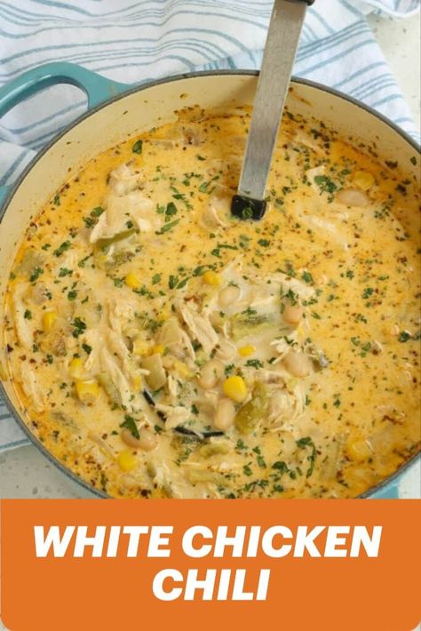 This easy White Chicken Chili recipe is a creamy white version of chili with white beans, roasted chicken, sour cream, poblano peppers and Anaheim peppers.  It is a welcome change from the traditional red chili. Fall Meal Ideas, Chicken Recipes Pasta, Recipes With Pumpkin, Garden Peppers, Fall Dinner Ideas, White Chicken Chili Recipe, Creamy White Chicken Chili, White Chili Chicken Recipe, Chili Soup