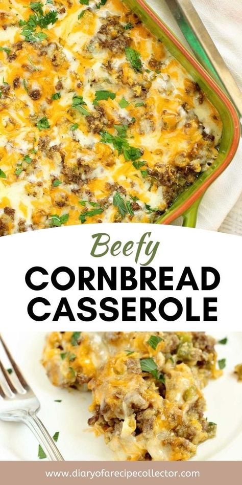 Beefy Cornbread Casserole - A super easy dinner recipe filled with ground beef, cream style corn, and cornbread.  It makes a great weeknight dinner idea! Easy Dinner Recipes For Family, Dinner Recipes With Ground Beef, Super Easy Dinner, Cornbread Casserole, Cream Style Corn, Recipes With Ground Beef, Recipes Easy Dinner, Easy Dinner Recipe, Dinner Recipes For Two