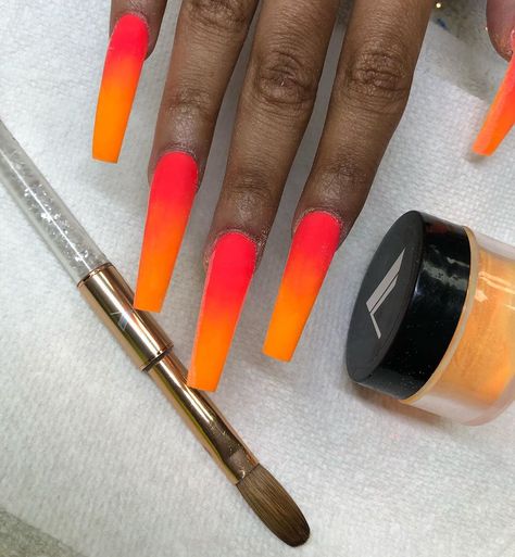 Red Orange Ombre Nails, Pink And Orange Ombre Nails, Orange Neon Nails, Jamaica Nails, Red Orange Nails, Orange Ombre Nails, Rave Nails, Neon Orange Nails, Fye Nails