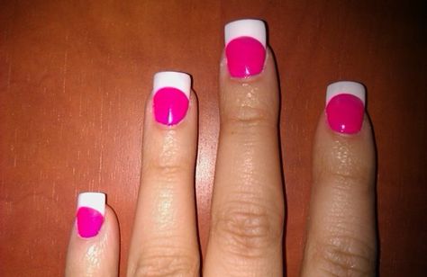 Pink White Tip Nails, White And Hot Pink Nails, Pink And White Tips, Pink And White French Tip, Pink And White French, White Tip Nails, White Tips, Hot Pink Nails, White French Tip