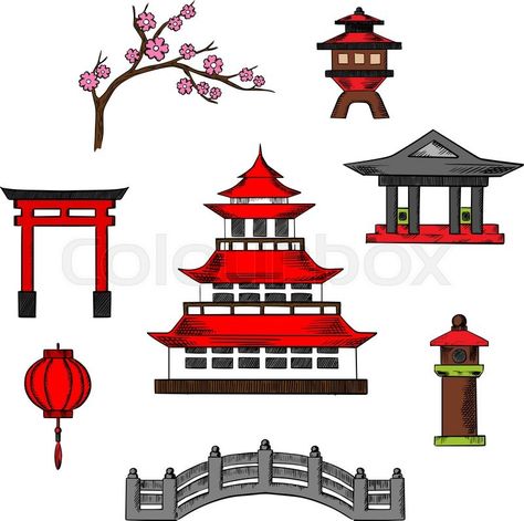 Japan travel and culture icons of traditional japanese pagoda with ... Sakura Blossoms, Japanese Pagoda, Japanese Shrine, Torii Gate, Travel Icon, Red Roof, Paper Lantern, Art Japonais, Ancient Temples