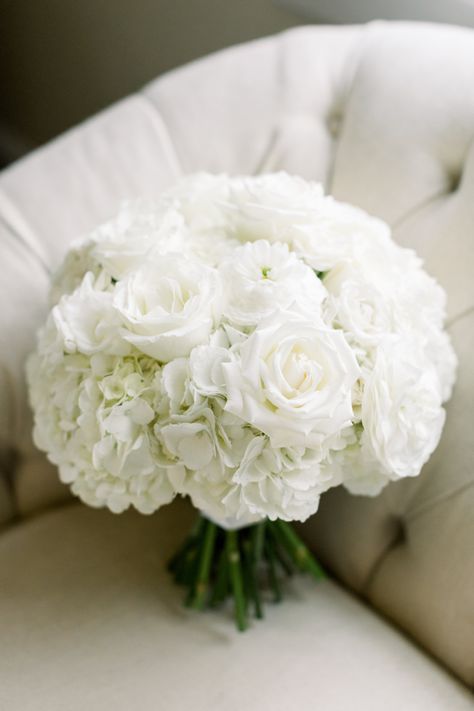 Round, all white bridal bouquet of hydrangea, roses, ranunculus by Lark Floral. Photo by Candice Adelle Photography All White Bridal Bouquet, White Hydrangea Bouquet, White Hydrangea Wedding, Bride Bouquets White, Hydrangea Bridal Bouquet, Loose Bouquet, Hydrangea Bouquet Wedding, Simple Wedding Bouquets, White Flower Bouquet