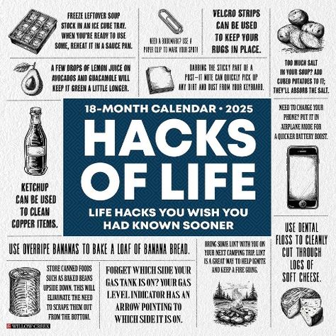 Willow Creek Press Hacks of Life 2025 Wall Calendar Hacks Of Life, Everyday Challenges, Bug Bite, Upgrade Your Life, Leftovers Soup, Wall Calendars, Willow Creek, Fire Starter, Simple Life Hacks