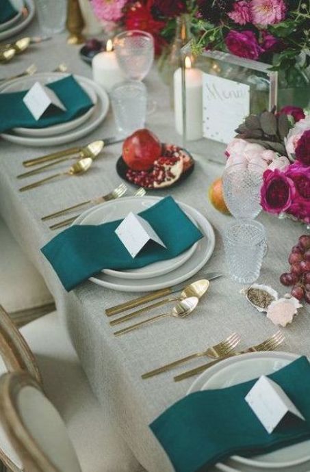 Best wedding reception decorations table napkins ideas Teal Napkins Table Settings, Wedding Reception Hall Decorations, Teal Table Setting, Teal Wedding Table, Reception Hall Decorations, Restaurant Wedding Decor, Teal Green Wedding, Teal Napkins, Best Wedding Reception