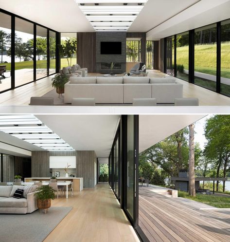 A Deep Overhanging Roof Covers The Glass Walls Of This Lake House Lake House Modern, Modern Ranch Style Homes, Vertical Wood Siding, Mid Century Modern House Exterior, Modern Glass House, A Modern House, Modern Ranch, Glass Walls, Roof Covering