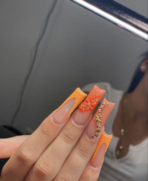 Orange Quince Nails, Medium Acrylic Nails Square, Orange Nails Acrylic, Orange Acrylic Nails, Disney Acrylic Nails, Purple Acrylic Nails, Black Acrylic Nails, Long Acrylic Nail Designs, Drip Nails