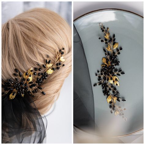 Black crystal hairiece Black hair vine Black bridal comb Black wedding hairpiece Gothic hairpiece Gothic Bridal hairpiece Gothic hair comb Black Hair Pieces, Gothic Hair, Gold Hair Piece, Black Wedding Hairstyles, Wedding Hairpiece, Gold Hair Vine, Decorative Hair Combs, Black Gold Wedding, Bridal Halo