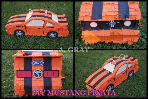 DIY Mustang race car birthday pinata Diy Car Pinata, Racecar Pinata, Race Car Pinata, Diy Race Car, Mustang Race Car, Car Pinata, Paw Patrol Pinata, Hello Kitty Pinata, Homemade Pinata