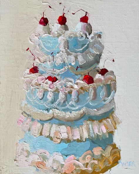 @janwier 🎂 “Dream Cake in Blue” #cakeart #cake #cakepanting #contemporarypainting Cake Art Aesthetic, Abstract Cake Painting, Painting Ideas Vintage Aesthetic, Birthday Cake Embroidery, Cake Acrylic Painting, Aesthetic Blue Cake, Food Painting Ideas, Cake Aesthetic Design, Wedding Cake Painting