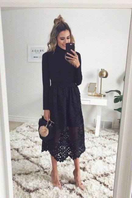 cf1f78fe923afe05f7597da2be7a3da8desc53185628ri Family Photo Outfits Winter, Mode Tips, Black Lace Midi Dress, Outfits Dressy, Hello Fashion, Salwar Kamiz, Looks Black, High Neck Long Sleeve, Prom Dresses Long With Sleeves