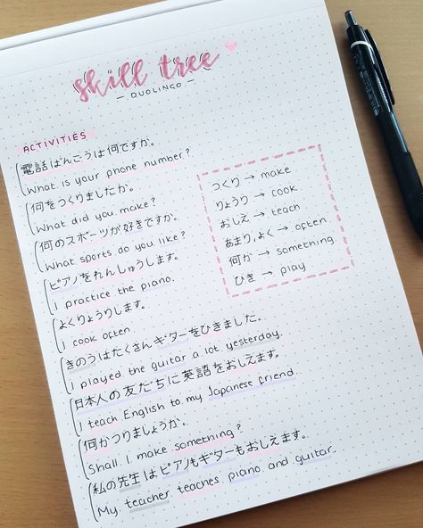 Ashleigh Thomas on Instagram: “Going over my skill tree 🦉 // 13.08.17 . . . . . #study #student #studyblr #studyspo #studyinspo #notebook #bujo #bulletjournal #notes…” Skill Tree, Japanese Handwriting, Learn Japan, Language Journal, The Garden Of Words, Bahasa Jepun, Japanese Notebook, Materi Bahasa Jepang, Japanese Language Lessons