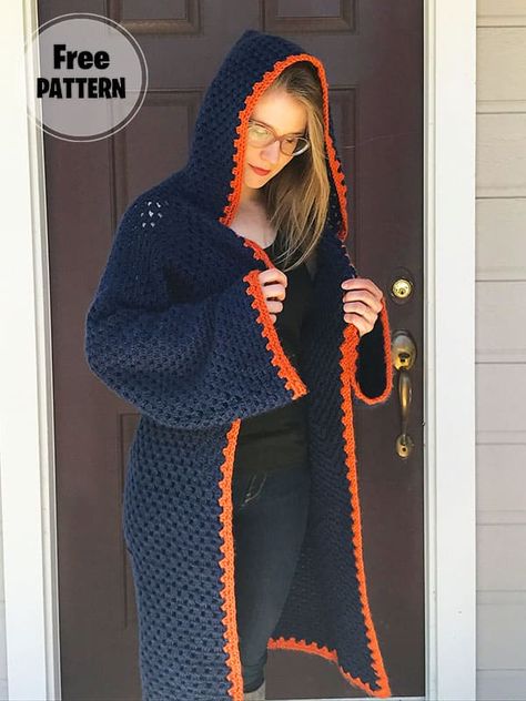 Hooded Crochet Hexagon Free Cardigan Pattern Free Cardigan Pattern, Hooded Cardigan Pattern, Free Crochet Cardigan Patterns, Crochet Sweater Coat, Free Crochet Cardigan, Hexagon Cardigan, Cardigan With Hood, Pretty Cardigans, Hood Pattern