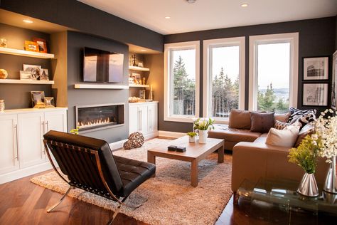 Modern Family Room - Contemporary - Family Room - Other - by TOLT Studio | Houzz Modern Fire Place, Living Room Decor Video, Contemporary Family Rooms, Tan Couch, Interesting Living Room, Contemporary Family Room, Modern Family Rooms, Linear Fireplace, Budget Apartment