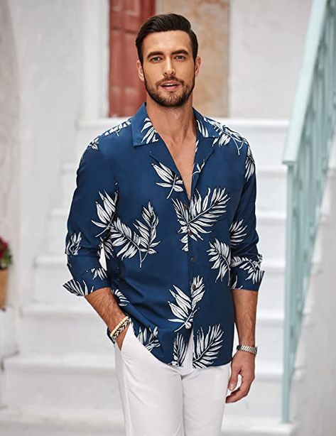 100% Polyester Button closure BEACH ESSENTIAL - Mens hawaiian shirt is made of great fabric, lightweight, breathable and soft touch, quick dry, stay cooler, relaxed fit on a hot summer day. FEATURES - Mens hawaiian shirts with stylish cuban collar, print style, classic regular fit, long sleeve with sleeve tabs. Long sleeve hawaiian shirt is great for sun protection and you can roll up your sleeve, which give you casual and fashion look. EASY TO MATCH Hawaii Shirt Style, Wedding Guest Outfit Men, Hawaiian Outfit Men, Men's Casual Fashion, Tops For Spring, Hawaiian Print Shirts, Wedding Notes, Hamilton Island, Printed Shirts Men