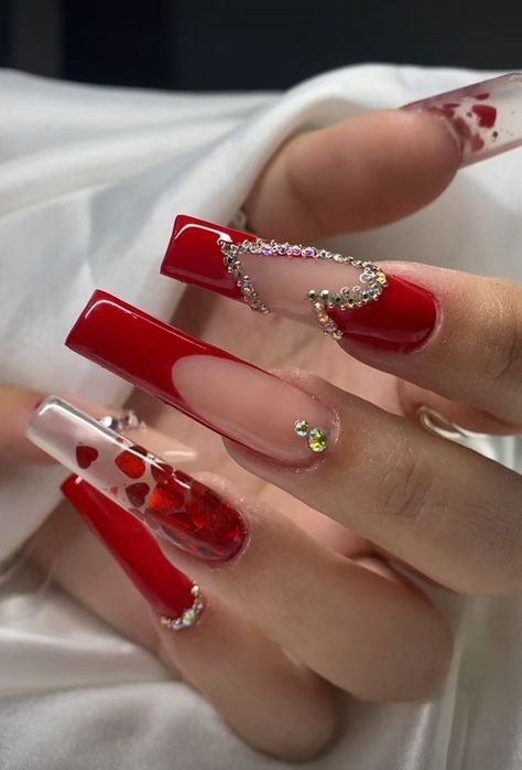 Unghie Sfumate, Red Acrylic Nails, Nails Design With Rhinestones, Her Nails, Red Nail Designs, Long Square Acrylic Nails, Pink Acrylic Nails, Square Acrylic Nails, Bling Nails