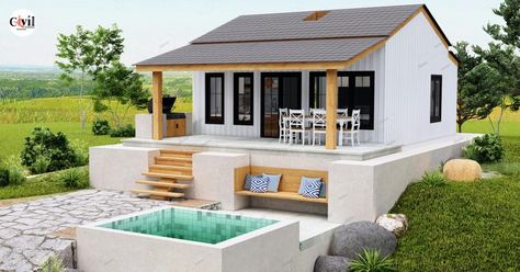 65 SQM Small Farm House Design 6.5m x 10m With 2 Bedroom & Pool With Fireplace - Engineering Discoveries Pool With Fireplace, Bedroom Pool, Space Saving Beds, Tiny House Nation, Rest House, House Construction Plan, Small Farmhouse, Tiny House Movement, Village House Design