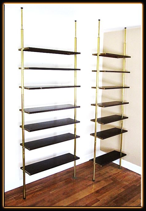 Mid century modern tension pole shelf units. Tension Shelf, Pole Shelf, Pole Room, Mid Century Room Divider, Cove House, Mid Century Glam, Diy Shelving, Shelf Units, Glen Cove