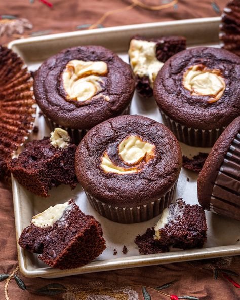 Chocolate Cheesecake Muffins, Assorted Muffins, Dainty Cakes, Chocolate Cheesecake Cupcakes, Dessert Muffins, Rich Breakfast, Cheesecake Muffins, Food Platter, Chocolate Chip Cheesecake