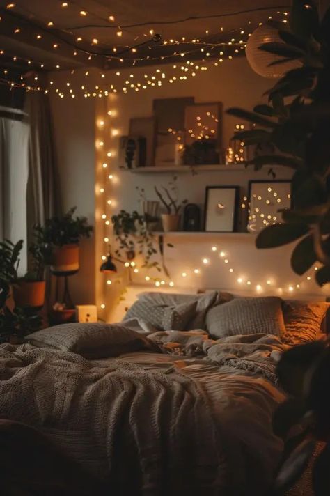 Fairy Lights for Bedrooms | 5 Best Ideas Festoon Lights Bedroom, Apartment Fairy Lights, Bright Cozy Home, String Lights Bedroom Ceiling, Fairy Lights In Room, Cozy Bedroom Aesthetic Fairy Lights, Cozy Lighting Bedroom, Bedroom Lights Aesthetic, Ceiling Fairy Lights