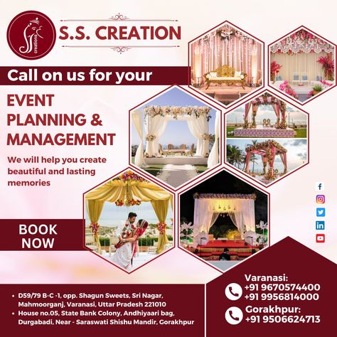 SS Creations is a professional wedding planning service based in Varanasi. We provide full-service wedding coordination services that help you plan each aspect of your special day and make it truly exceptional. With our bespoke approach, experienced team. Wedding / Myrah/ Mehndi / Sangeet/ Varmala/ Birthday / Anniversary / Destination Wedding & Many More!! Theme Events & Decorations : : Call📞 Or WhatsApp : 096705 74400 / 9956814000. : : : : #events #eventplanner #party #wedding #event Event Planner Poster, Wedding Planner Poster, Event Planning Poster, Event Planning Flyer, Anniversary Destinations, Events Decorations, Event Management Services, Diwali Festival Of Lights, Birthday Background Images