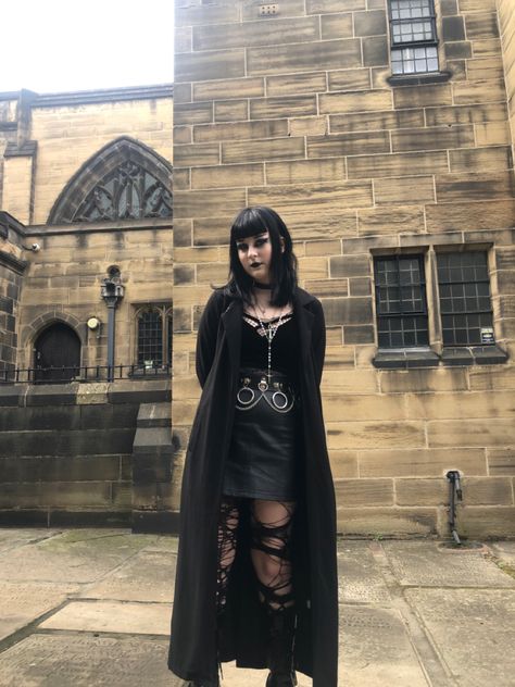 Goth Streetwear Aesthetic, Goth Trench Coat Outfit, Goth Blazer Outfit, Warm Goth Outfit, Goth Princess Aesthetic, Belted Coat Outfit, Vamp Outfit, Winter Goth Outfits, Mall Goth Outfits