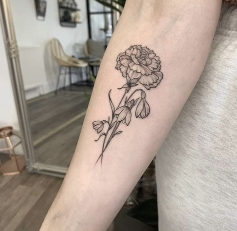 Carnation And Snowdrop, Cinderella Tattoo, Carnation Flower Tattoo, Carnation Tattoo, Flower Tat, Cow Tattoo, Bouquet Tattoo, Floral Tattoo Sleeve, Carnation Flower