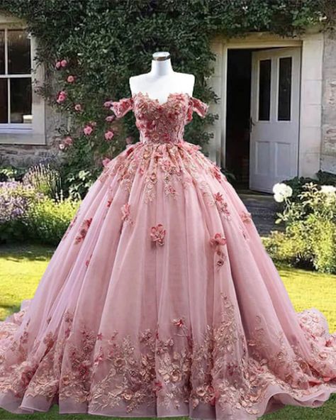 Off The Shoulder Tulle Dress, Satin Bridesmaid Dresses Long, Wedding Dress Cinderella, Pink Quinceanera Dresses, Aramex Delivery, Dress With 3d Flowers, Pink Quinceanera, Pink Quince, Quinceanera Dresses Pink