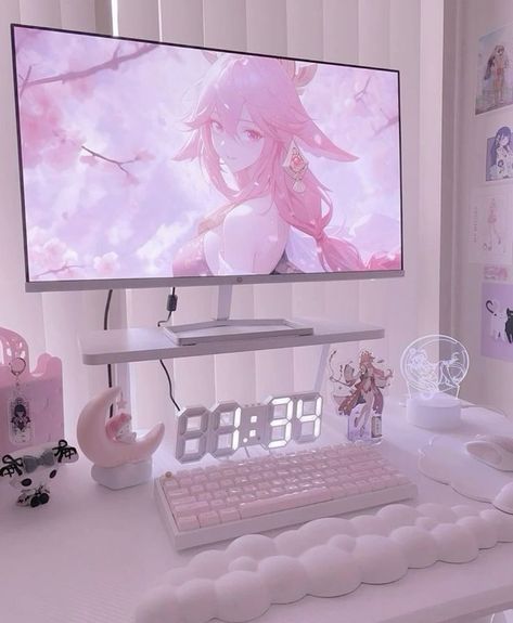 Cute desk gaming setup for girls Pink Gaming Setup Ideas, Sanrio Gaming Setup, Girly Gaming Setup, Games Room Inspiration, Kawaii Room Ideas, Keyboard Gaming, Keyboard Wrist Rest, Mouse Gamer, Gamer Room Decor