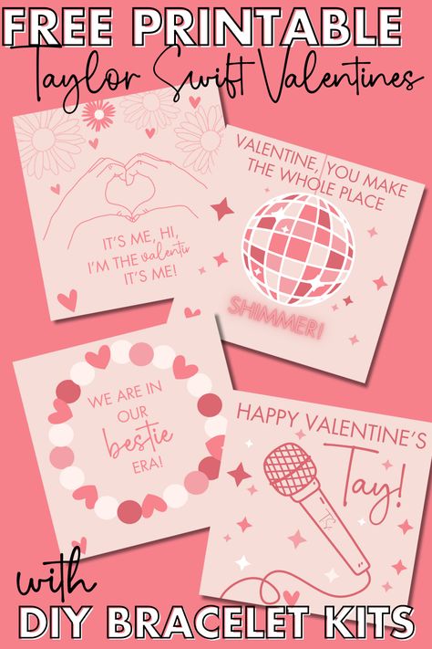 Print off these free Taylor Swift Valentines, add the supplies for a friendship bracelet and you have the cutest class valentines for all your little Swifties! #freeperintable #printablevalentine #valentinesdaycard #classvalentines Swiftie Valentines Box Ideas, Taylor Swift Bracelet Valentine, Valentines Box Taylor Swift, Diy Taylor Swift Valentines, Taylor Swift Class Valentines, Free Printable Class Valentines, Friendship Bracelets Valentines, Friendship Bracelet Valentine Printable, Taylor Swift Cards Diy