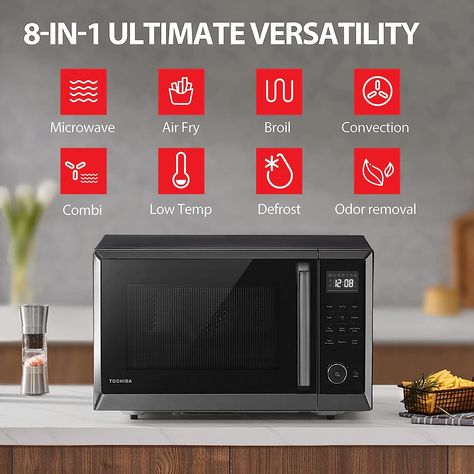 One microwave with multi-functions of microwave, air fry, bake(convection), broil (grill), combi., low temp., odor removal, defrost can fulfill more usages Enjoy your wholesome fried food with original taste but less fat with healthy air fry 12.4inch removable turntable can fit a whole roasted chicken, 12-inch pizza and 8*4-inch casserole Air Fryer Microwave, Fry Bake, Black Microwave, Convection Microwave, Countertop Microwave Oven, Microwave Convection Oven, Grill Rack, Whole Roasted Chicken, Kitchen Electronics