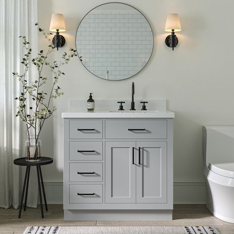 Sidmouth 37'' Single Bathroom Vanity with White Quartz Top Countertop Backsplash, Grey Bathroom Vanity, Quartz Vanity Tops, Hardwood Plywood, Bathroom Vanity Base, White Quartz Countertop, White Vanity Bathroom, Marble Vanity Tops, Transitional Bathroom Vanities