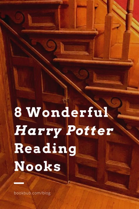 Bring a slice of Harry Potter into your home with inspiration from these magical reading nooks.  #books #readingnook #harrypotter Harry Potter Nook Under The Stairs, Harry Potter Under Stairs Room, Reading Nook Harry Potter, Harry Potter Under The Stairs Room Ideas, Harry Potter Reading Nook Under Stairs, Secret Harry Potter Room, Magical Reading Nook, Harry Potter Cupboard Under The Stairs, Under The Stairs Book Nook