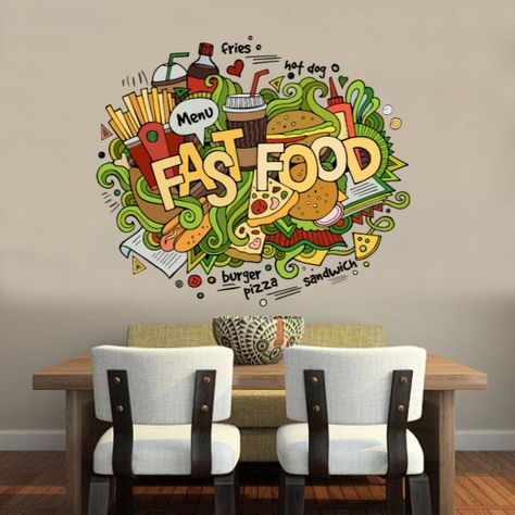 Wall Painting Ideas For Cafeteria, Small Restaurant Wall Design, Fast Food Wall Design, Cafe Wall Art Murals, Wall Graphics Restaurant, Food Graffiti, Food Mural, Bar Wall Design, Fast Food Illustration